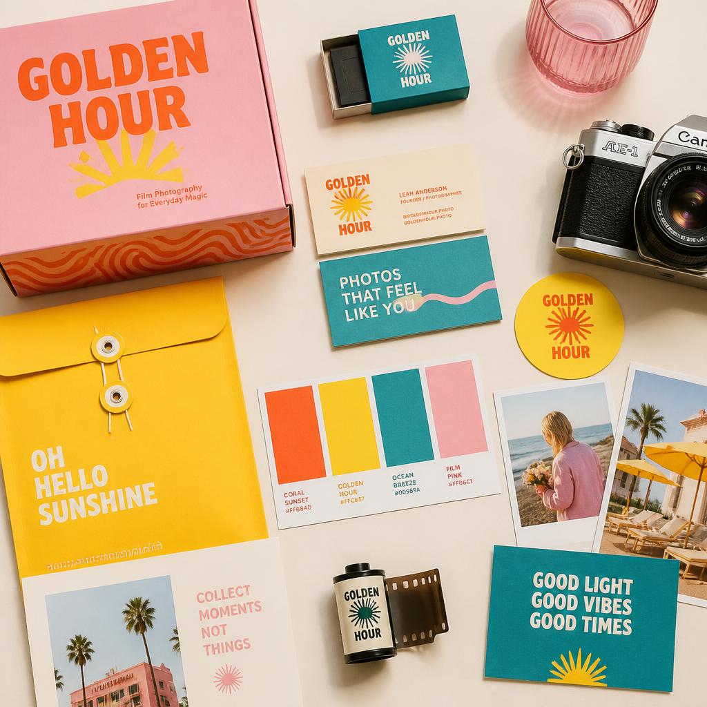 Brand collateral flat lay for a film photography studio